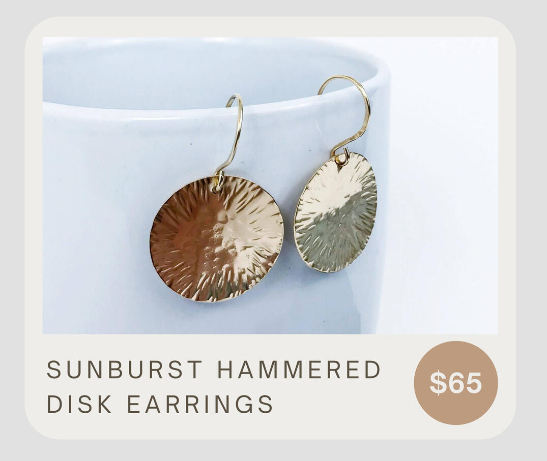 Sunburst hammered 14k gold fill disc earrings. These earrings measure 7/8 inch diameter 14k gold fill discs and they dangle about an 1 3/8 inches. Timeless classy earrings for all occasions.