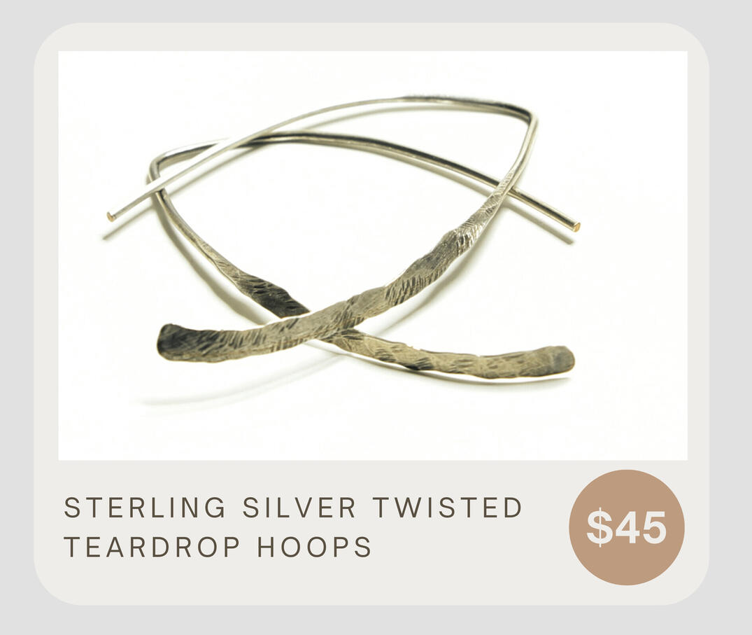 These handmade rustic hoops are hammered 925 sterling silver open hoop earrings with a twist! Super lightweight and different. These teardrop hoops dangle about 1 1/2 inches from top to bottom. Standard size ear wires- 20 gauge.