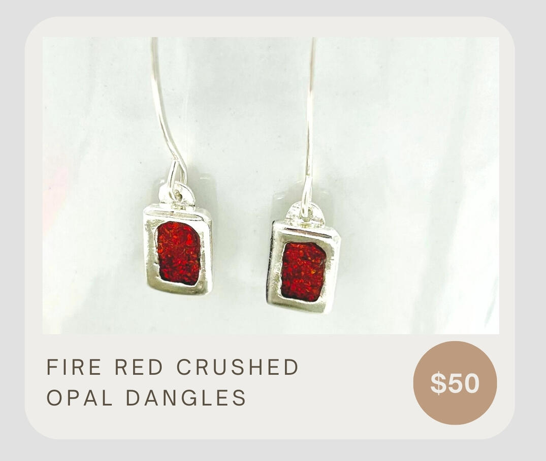Fire red crushed opal dangles! Specs of red and orange that will catch the light. These are dainty and lightweight and made of fine silver. Ear wires are .925 silver.