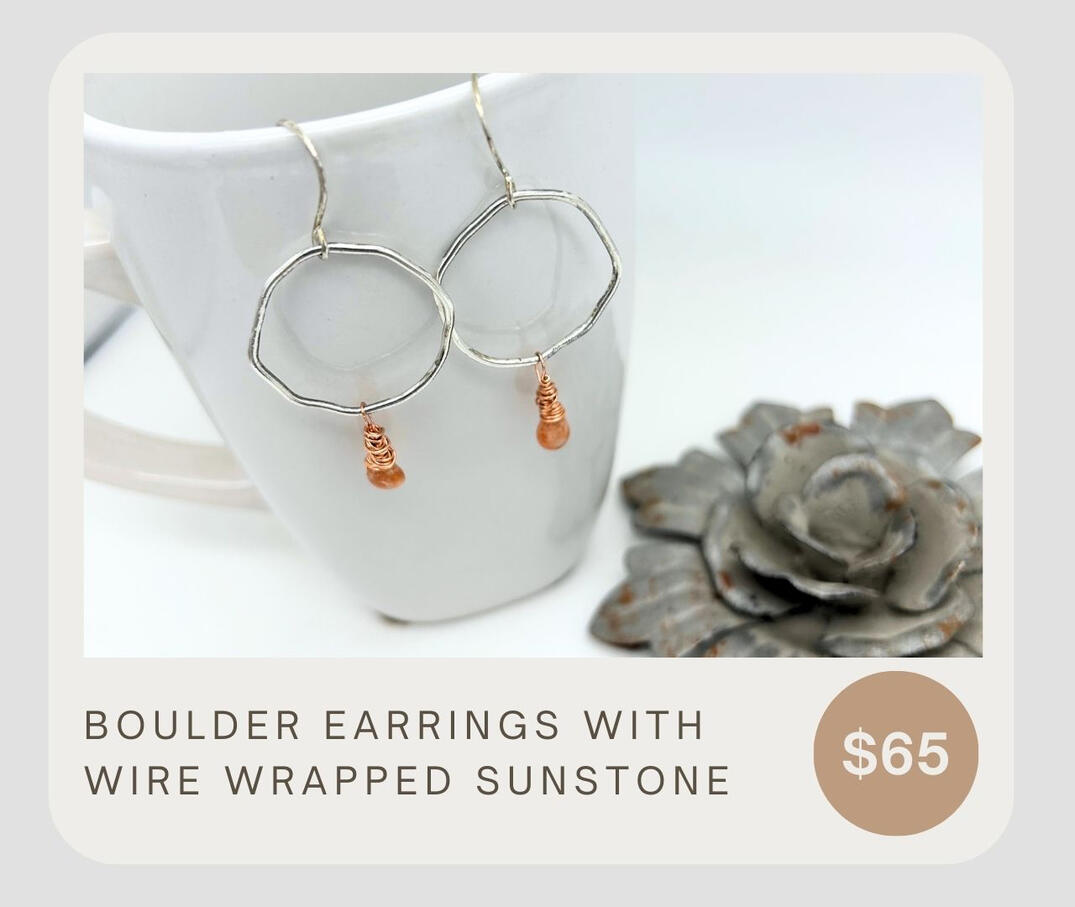 Fine silver dangles with rustic circles and wire wrapped sunstones! These are the perfect representation of our rugged and beautiful Pacific Northwest.