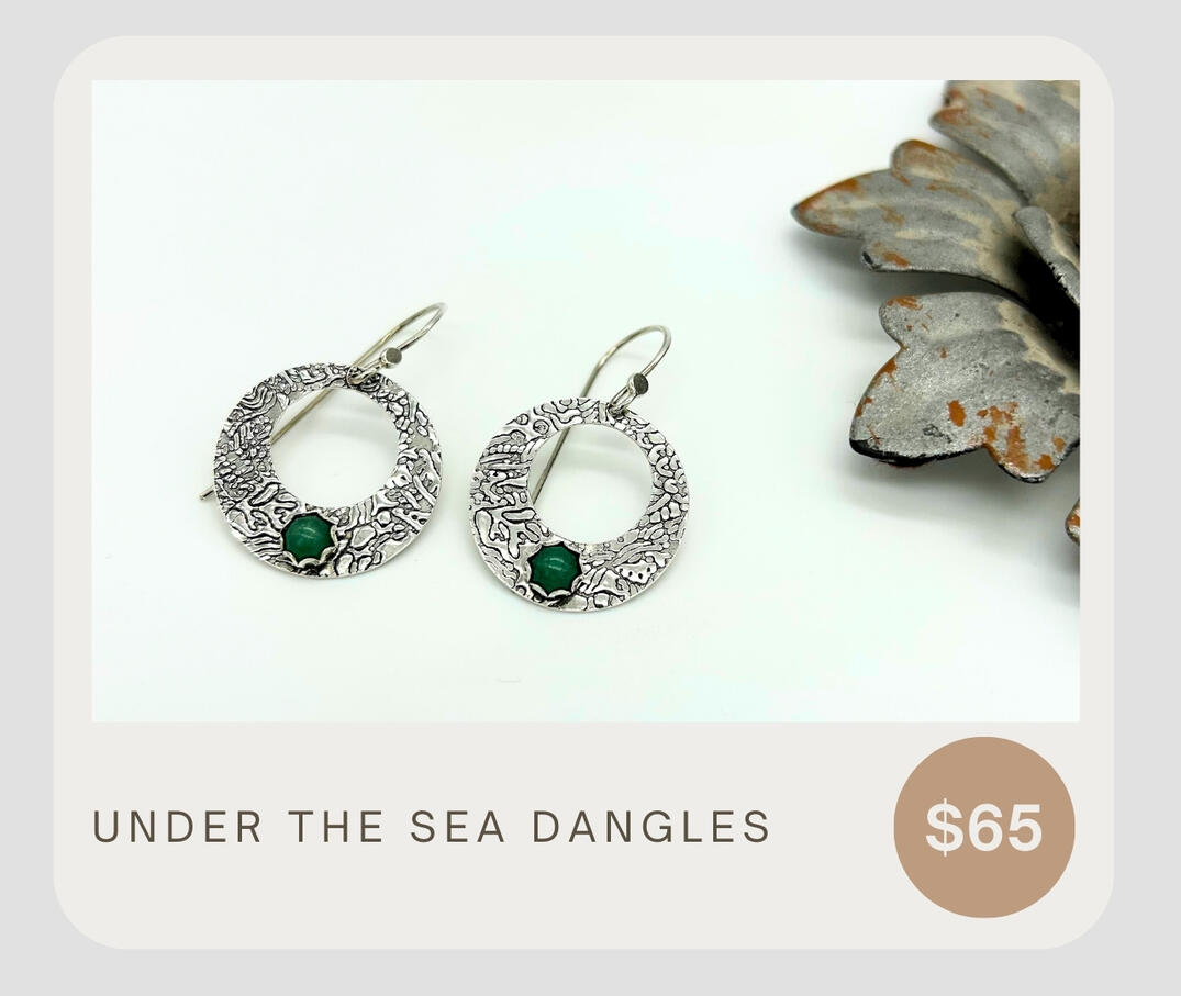 Under the sea inspired .925 roller printed earrings with Aventurine gemstone. These dangles have .925 ear wires as well, great for sensitive ears.