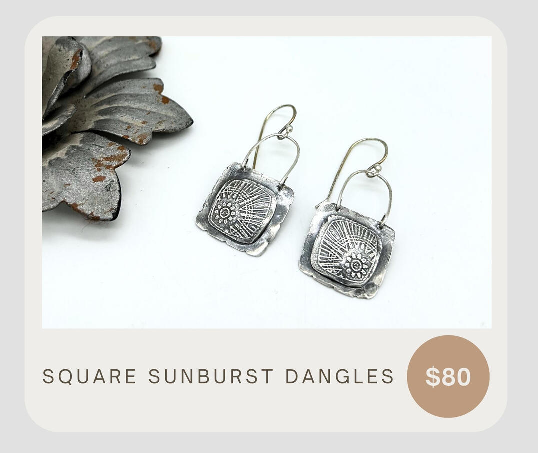 Square sunburst dangles made of layered .999 and .925 ear wires and connections. Perfect for wearing on a sunny day, beautifully made for effortless fashion.