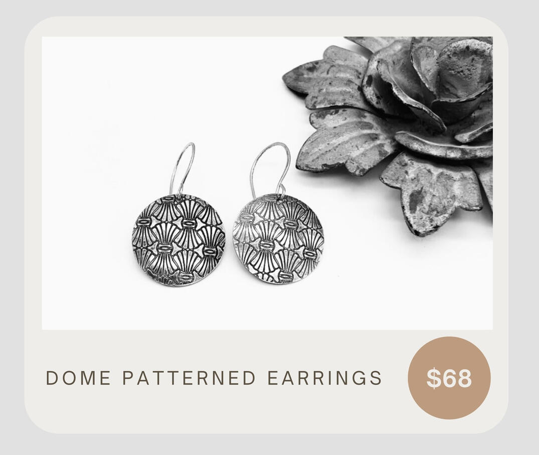 .925 sterling silver CAD designed pattern and CNC carved. Domed and oxidized to bring out the pattern and catch light with movement. Lightweight for all day wear.