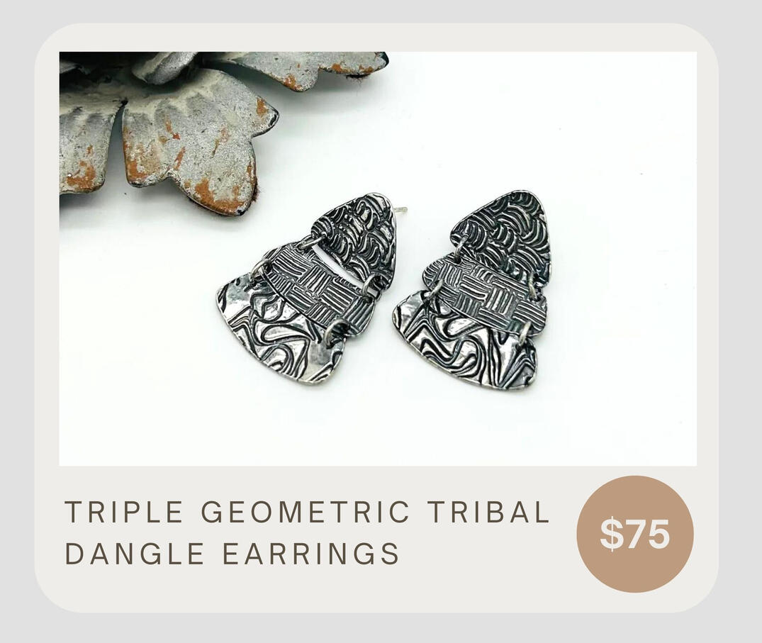 Triple Geometric Dangle Earrings are crafted from fine silver with sterling silver studs. The three-part, interlinked dangle design features a textured finish to give a unique aesthetic. Perfect for everyday wear or special occasions.