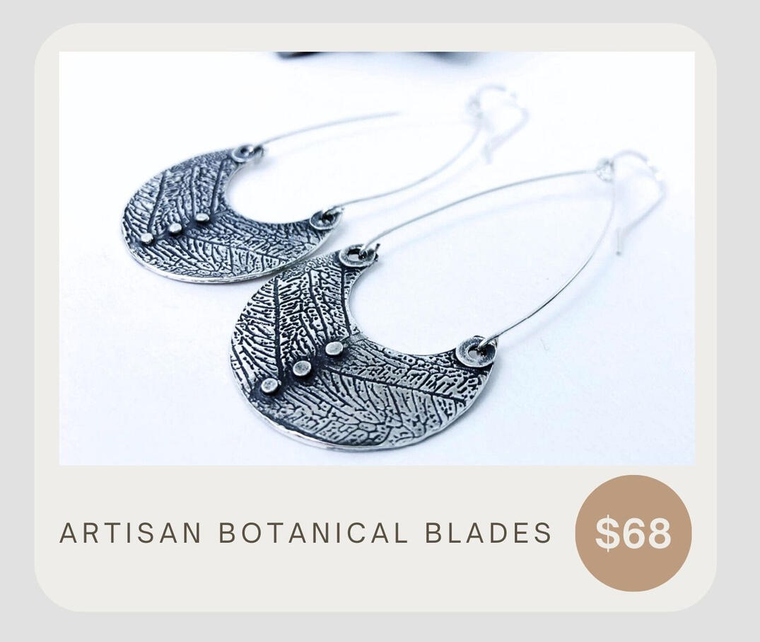 Artisan botanical blade hoop earrings. These handmade semicircle hoops were made from recycled .999 fine silver with handcrafted .925 sterling silver ear wires. These hang about 3 inches from top of ear wire to bottom of earring.