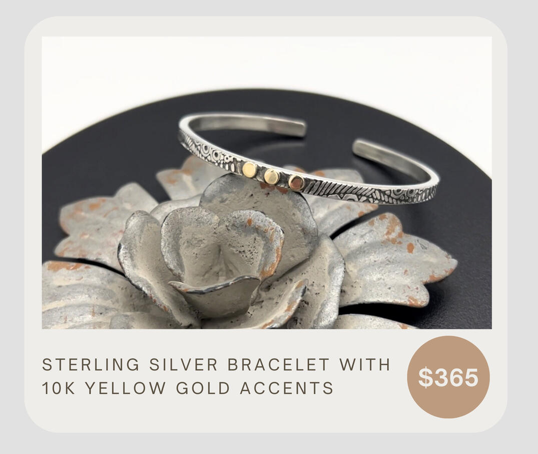 Adjustable recycled sterling silver roller printed bracelet with 10k yellow gold accents. Perfect ever-day bracelet or dress it up for a night out on the town!