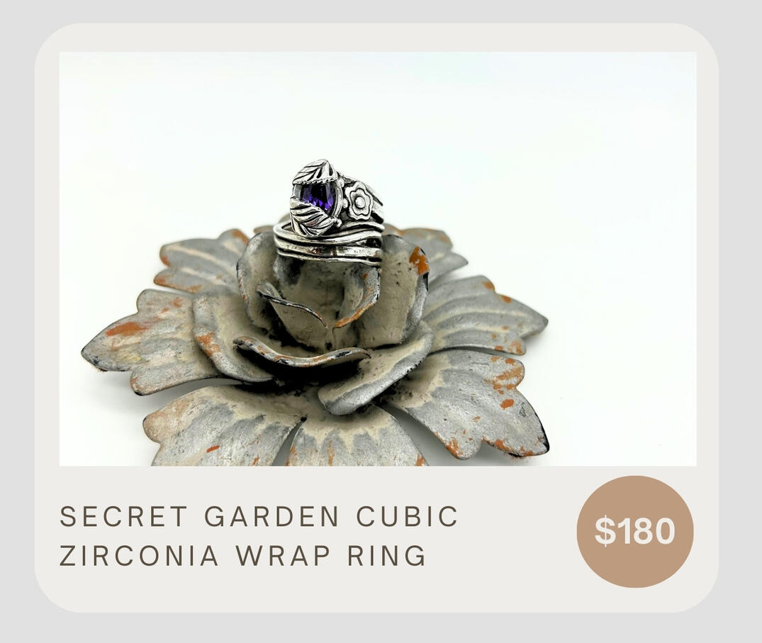 One of a kind kiln fired wrap ring with beautiful garden inspired details. Purple cubic zirconia stone and sterling silver band details. Ready to ship in size 9 1/2 or made to order for all other ring sizes.