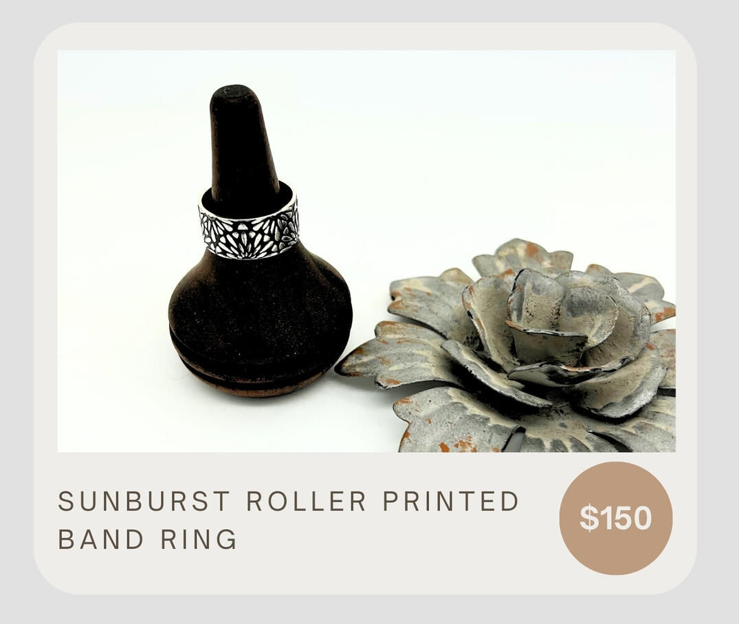 Roller printed sunburst wide sterling silver band made to order. Specify your size at checkout.