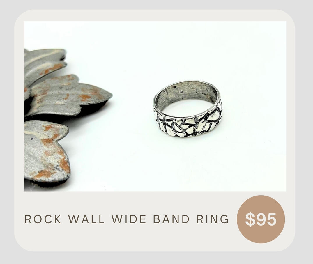 Rustic rock wall wide band ring. Available for immediate shipping in size 9 1/2, but can be ordered in your size for made-to-order.