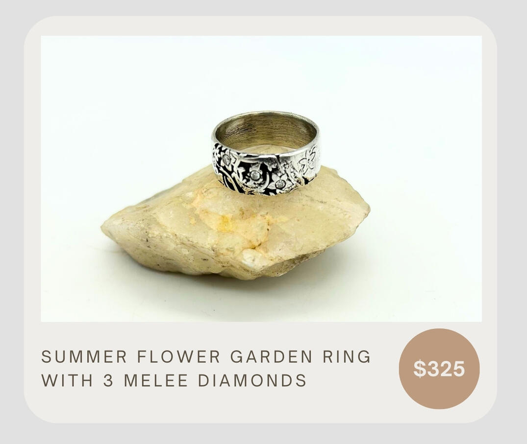 Summer Flower Garden ring with 3 Melee Diamonds. Ring is made of .925 sterling silver. Available to ship in size 9 1/2 or made to order in your size. Specify your ring size at checkout.