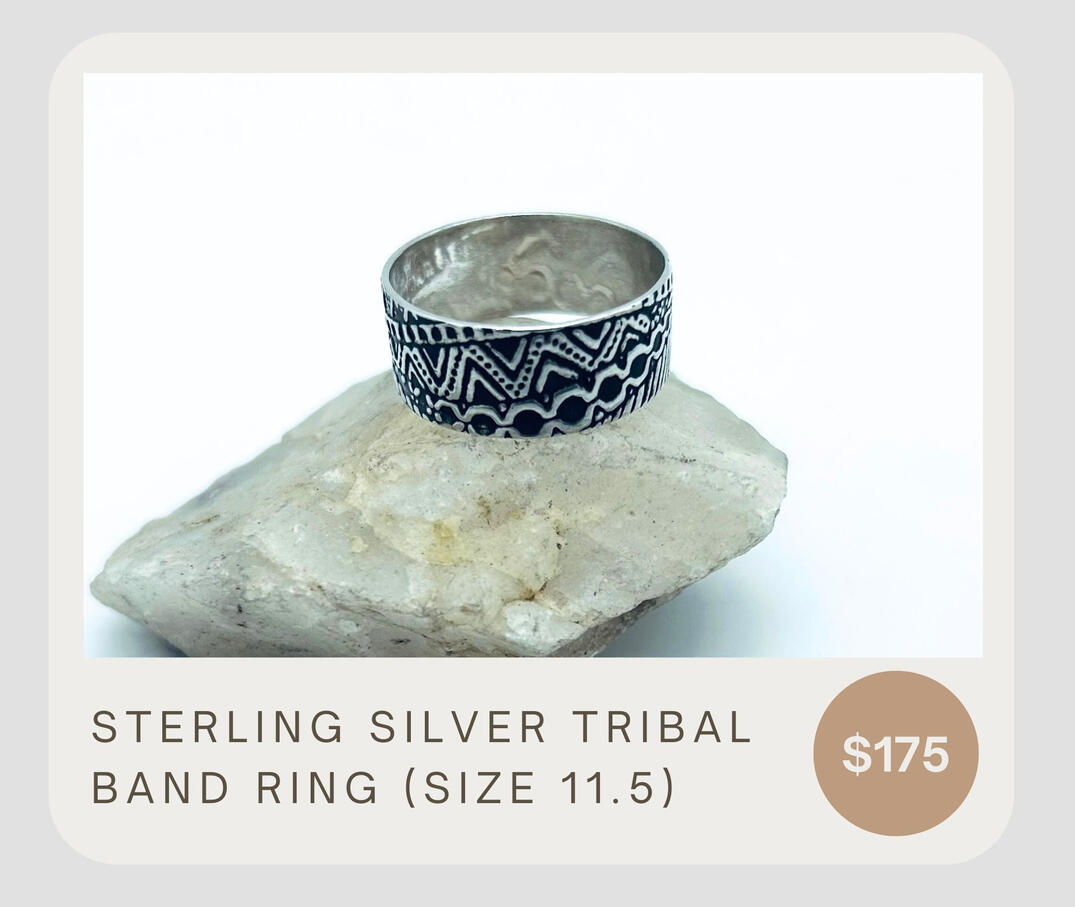 Tribal Sterling Silver ring in size 11.5. This ring has been hand roller printed with a unique pattern. If you would like to order a similar ring in your size, please submit a custom order form, as this is currently only offered in size 11.5.