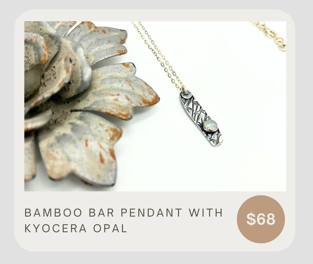 Bamboo Bar pendant with a beautiful Kyocera Opal in a .999 pendant and a .925 chain.