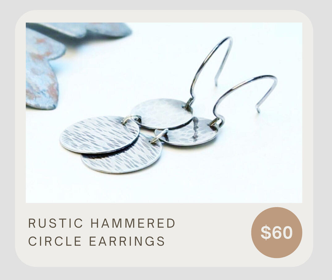 Handmade, cut, hammered, textured, and oxidized modern dangle earrings. These are lightweight textured disc earrings! These dangle about 1 3/4 inches from top to bottom and the discs are about 4/8 and 5/8 inches in diameter.