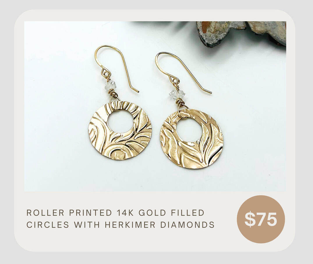 These earrings are 14k gold filled and roller printed for a deep, luxurious leaf pattern. The earrings are adorned with herkimer diamonds. They are lightweight and can be worn casually or dressed up. The perfect gift!
