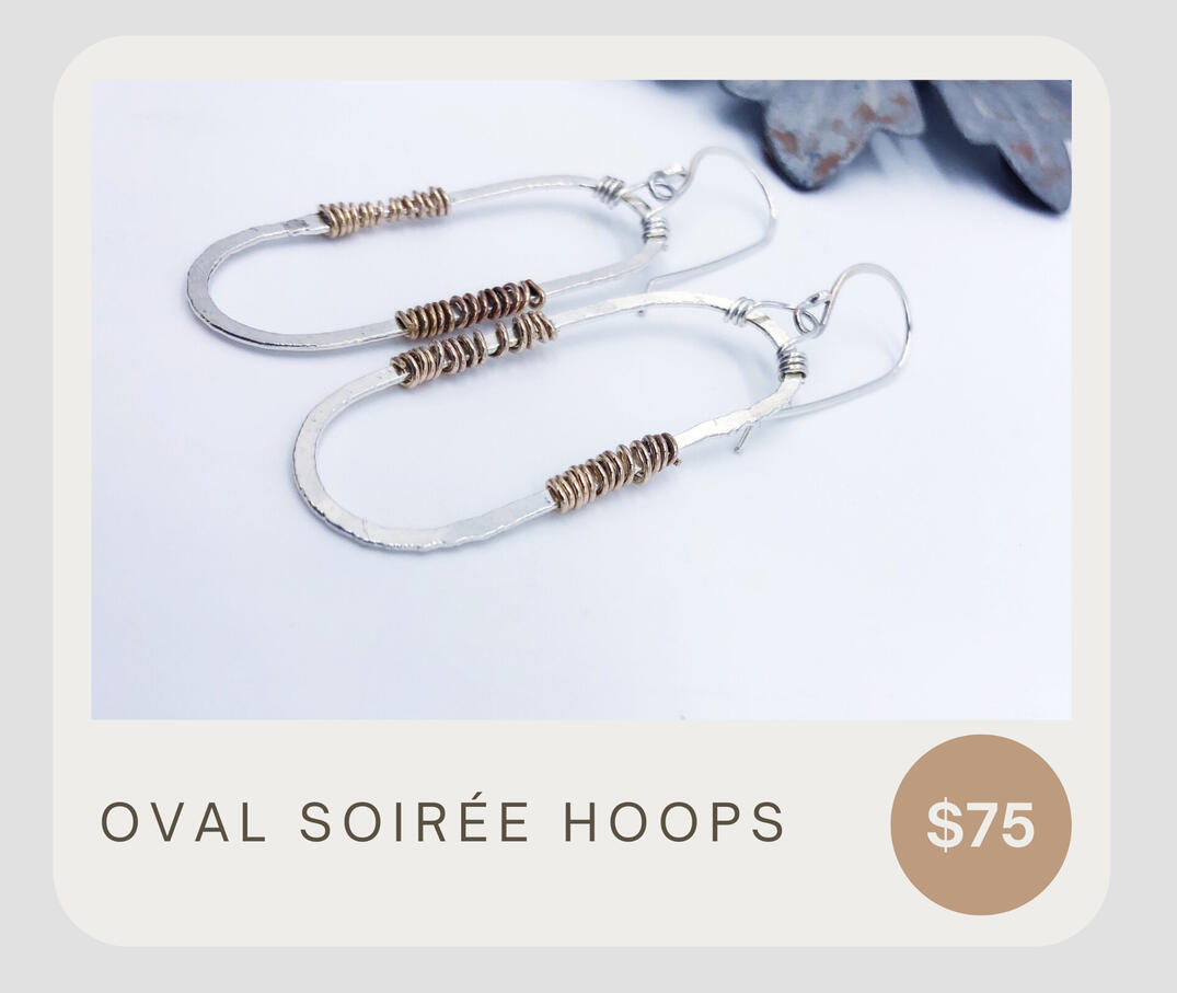 Artisan hammered hoops made with .999 fine silver and 14k gold fill wire wrapping. The oval dimensions are about 6/8 by 1 6/8 inches. These hoops dangle about 2 1/2 inches. Funky loops that are full of character!