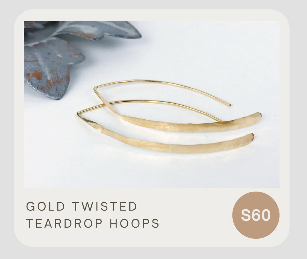 These handmade rustic hoops are hammered 14k gold fill open hoop earrings with a twist! Super lightweight and different. These rustic teardrop hoops dangle about 1 3/4 inches from top to bottom. Standard size ear wires- 20 gauge.
