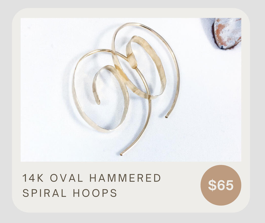 Beautiful artisan 14k oval hammered spiral hoops that are light weight, casual or formal. Spirals measure approximately 1 1/4” in length and 1” wide. A Best Seller!