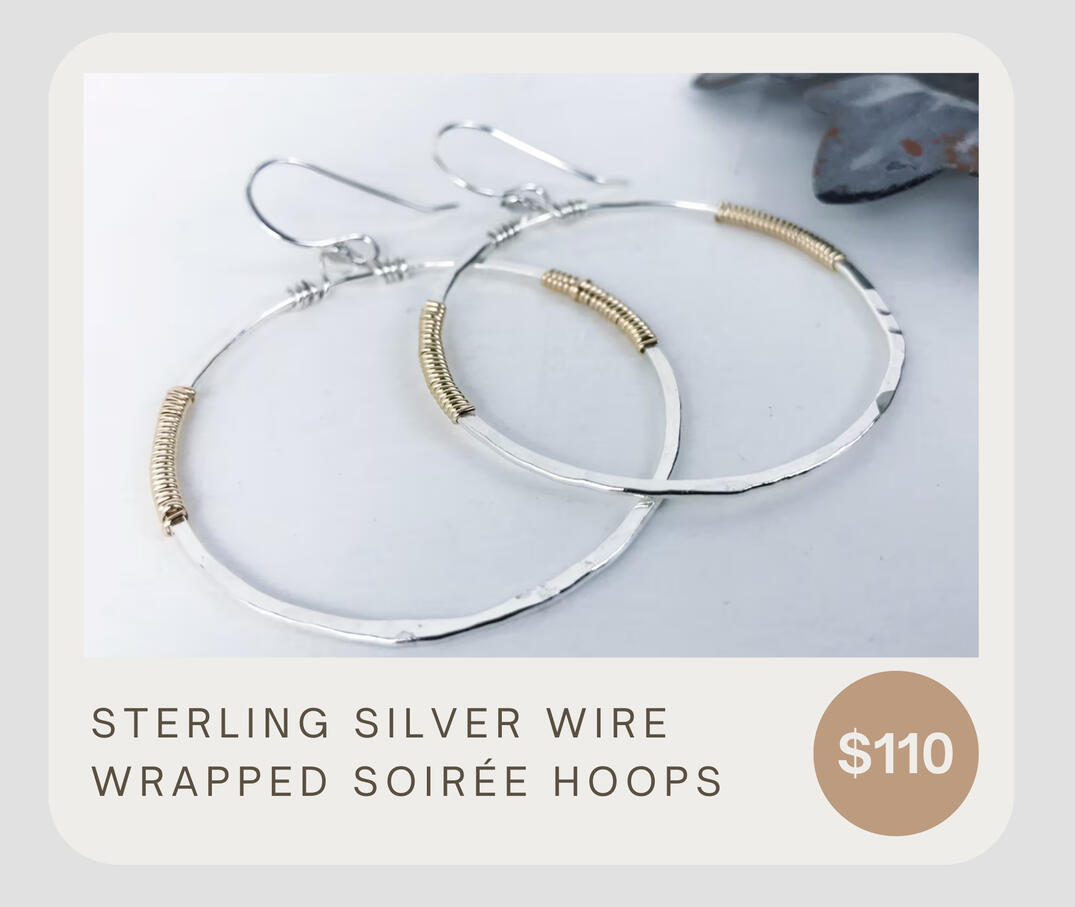 Artisan hammered hoops made with .999 fine silver and 14k gold fill wire wrapping. The hoop diameter is about 1 6/8 and they dangle about 2 3/8 inches. A showstopper pair of earrings!