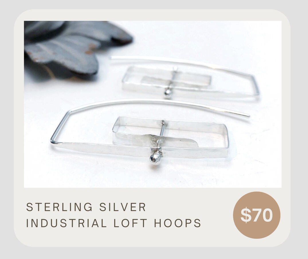 Chunky rectangle spiral hoops! These are made with 18 gauge hammered sterling silver, spiraled, pierced with sterling silver bars, and has a slightly larger than standard-sized ear wire. Lightweight spiral hoop earrings that dangle 1 7/8 inches.