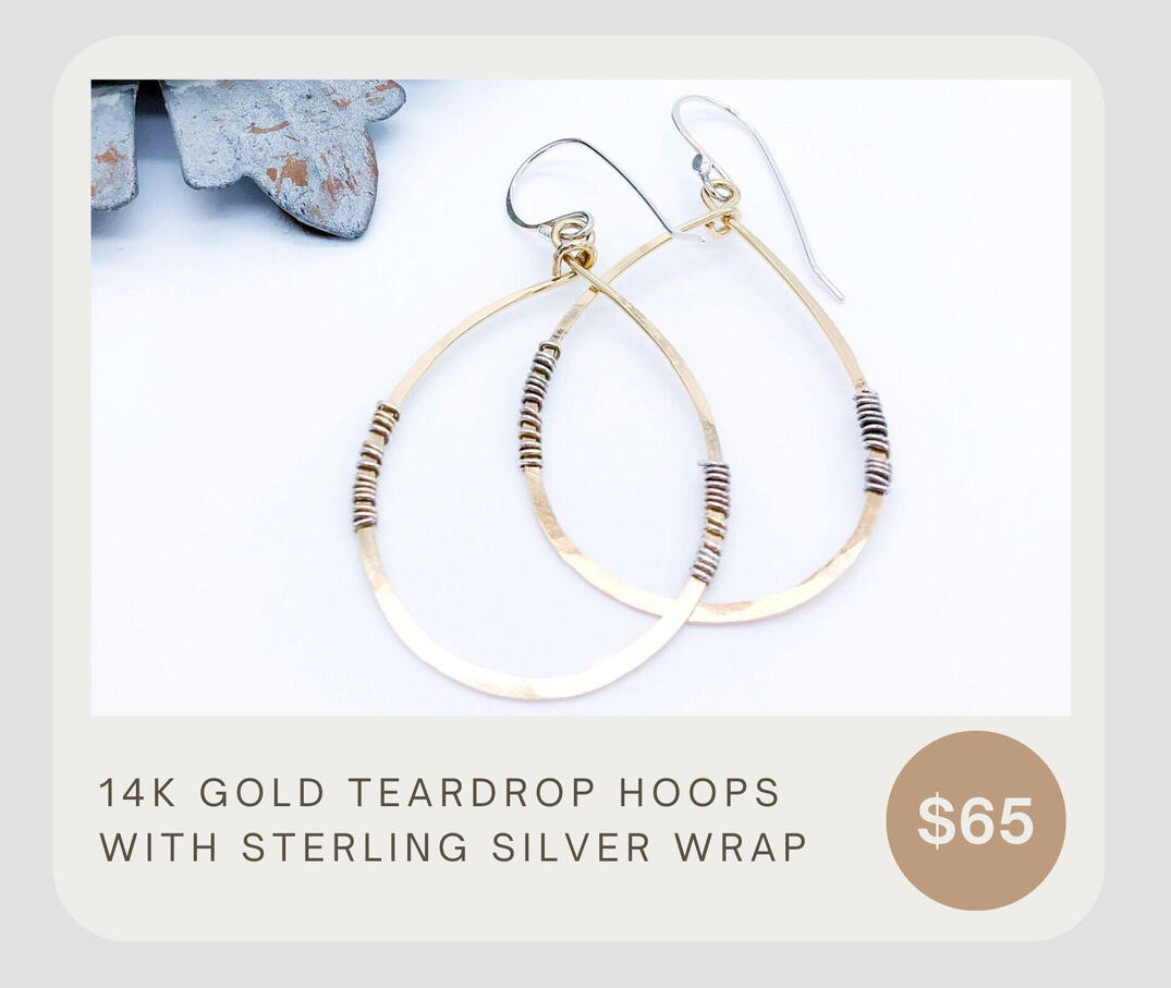 Chic Oval Hoops! These artisan gold hoops are hammered 14k gold fill teardrops with sterling silver wrapping. They are lightweight and ready for everyday wear or a night out on the town!
