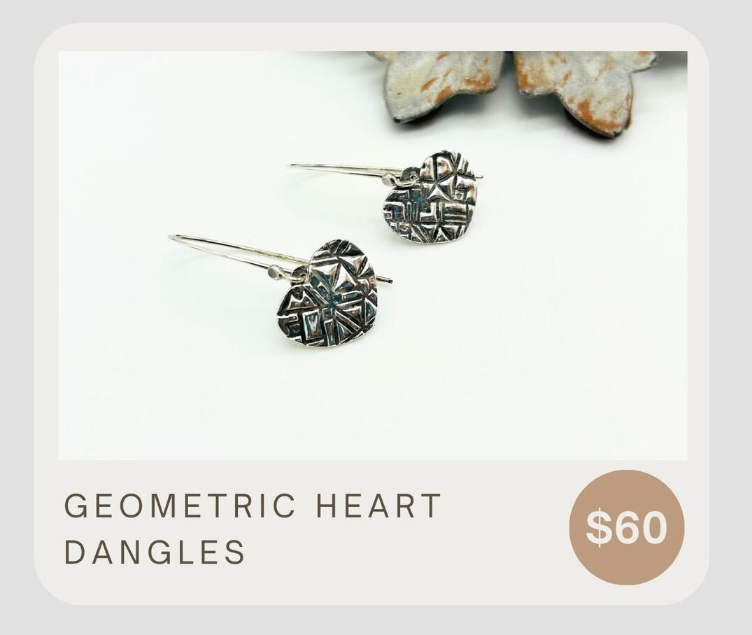 Heart shaped geometric dangles that are sure to catch the eye! Fine silver dangles with sterling silver ear wires.