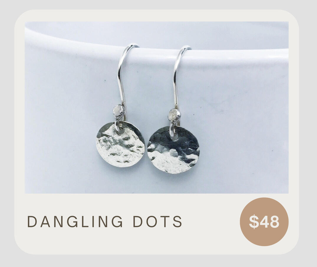 Dangling dots. Handmade artisan earrings. These classic cuties are made from sterling silver sheet and come with handmade .925 sterling silver ear wires. These dangle about 7/8. Great gift idea!