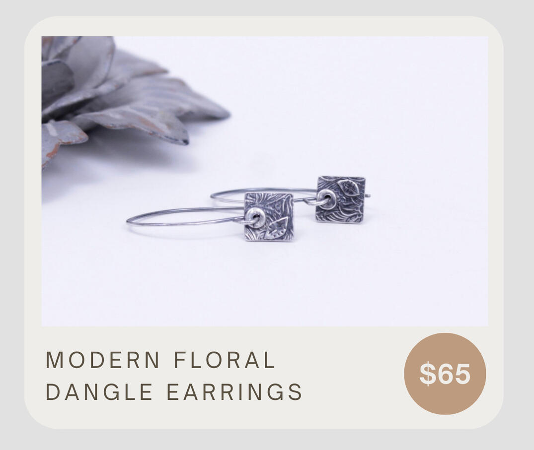 These lightweight rustic square earrings hang from elongated ear wires and are fun to wear. Each square charm is formed and stamped by hand using .999 fine silver. These handmade charm dangles are 3/8 by 3/8 inches and they dangle about 1 3/8 inches.