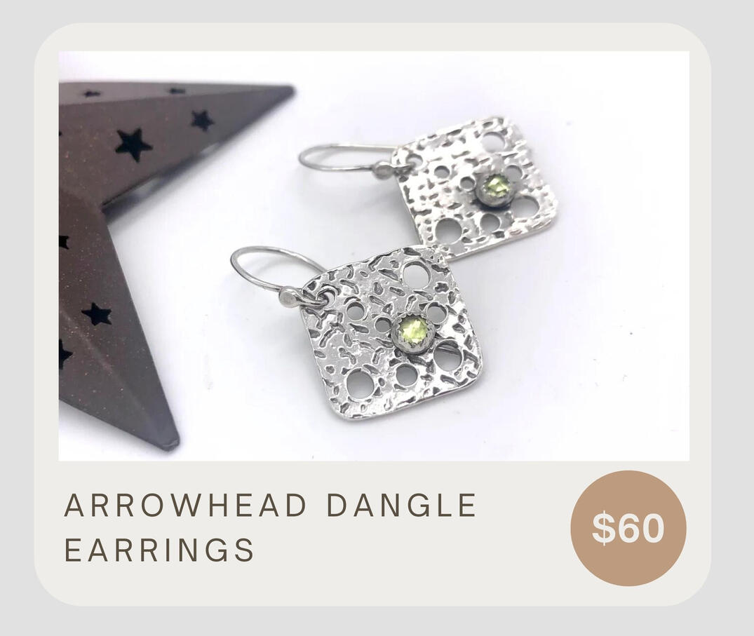 These gorgeous dangle earrings feature a diamond shape with a textured finish accented with peridot gemstones handmade from sterling silver!