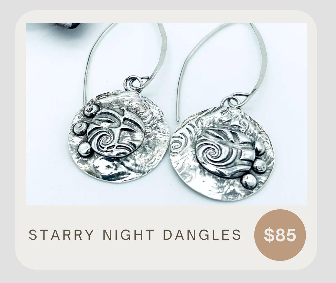 Unique printed &amp; layered dangle earrings featuring fine silver dangles &amp; sterling silver ear wires.