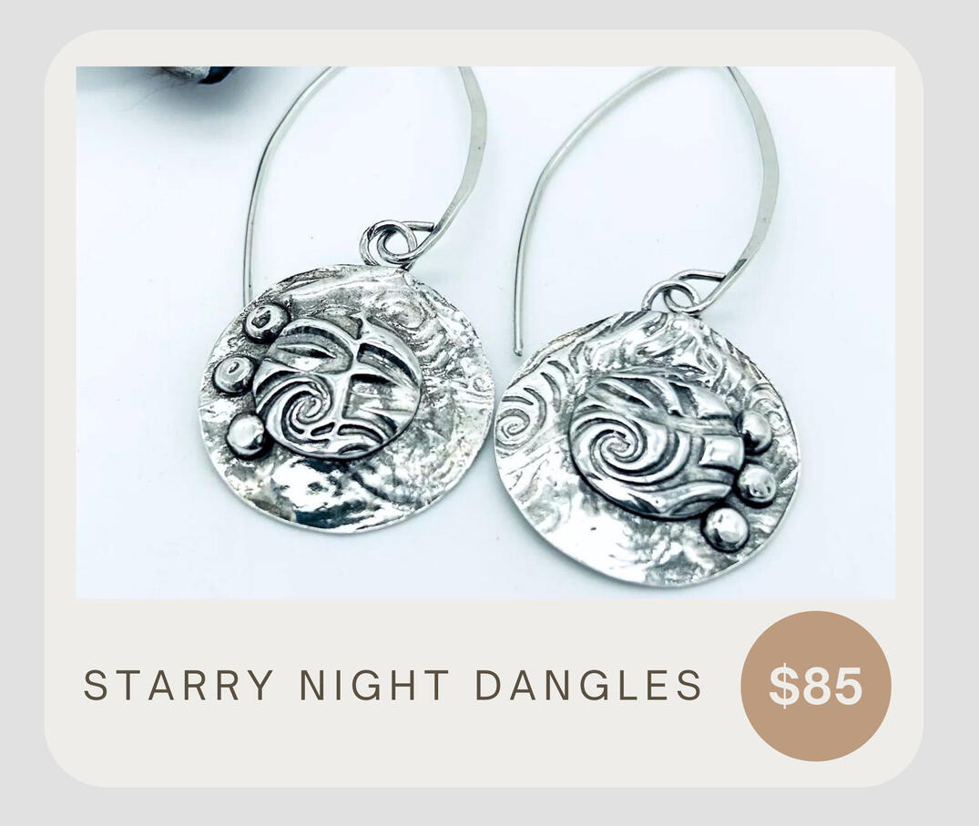 Unique printed & layered dangle earrings featuring fine silver dangles & sterling silver ear wires.