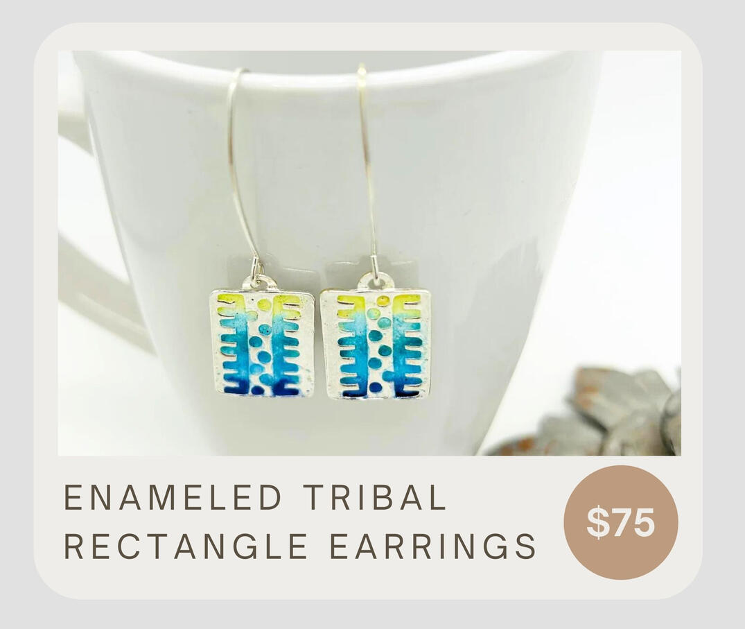 Fine silver dangle earrings with layered enamels and sterling silver ear wires. Locally handmade and colors may vary slightly.