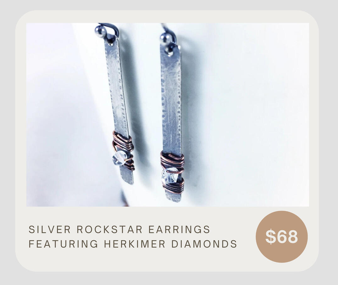 These silver 925 stick earrings featuring Herkimer Diamonds are hand cut, hammered and copper wire wrapped. Lightweight, minimalist and unique, these industrial bar earrings have great movement with a touch of bling! These earrings dangle about 2”.