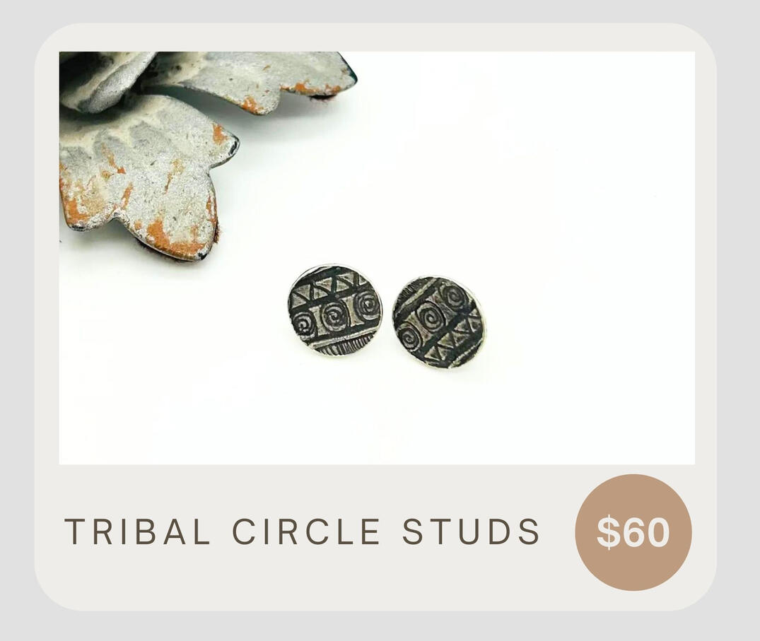 Tribal Circle Studs are a unique and stylish take on the classic silver stud earrings. These fine silver studs feature a beautiful tribal print design and are made with sterling silver posts. Comfort backs add the finishing touch.