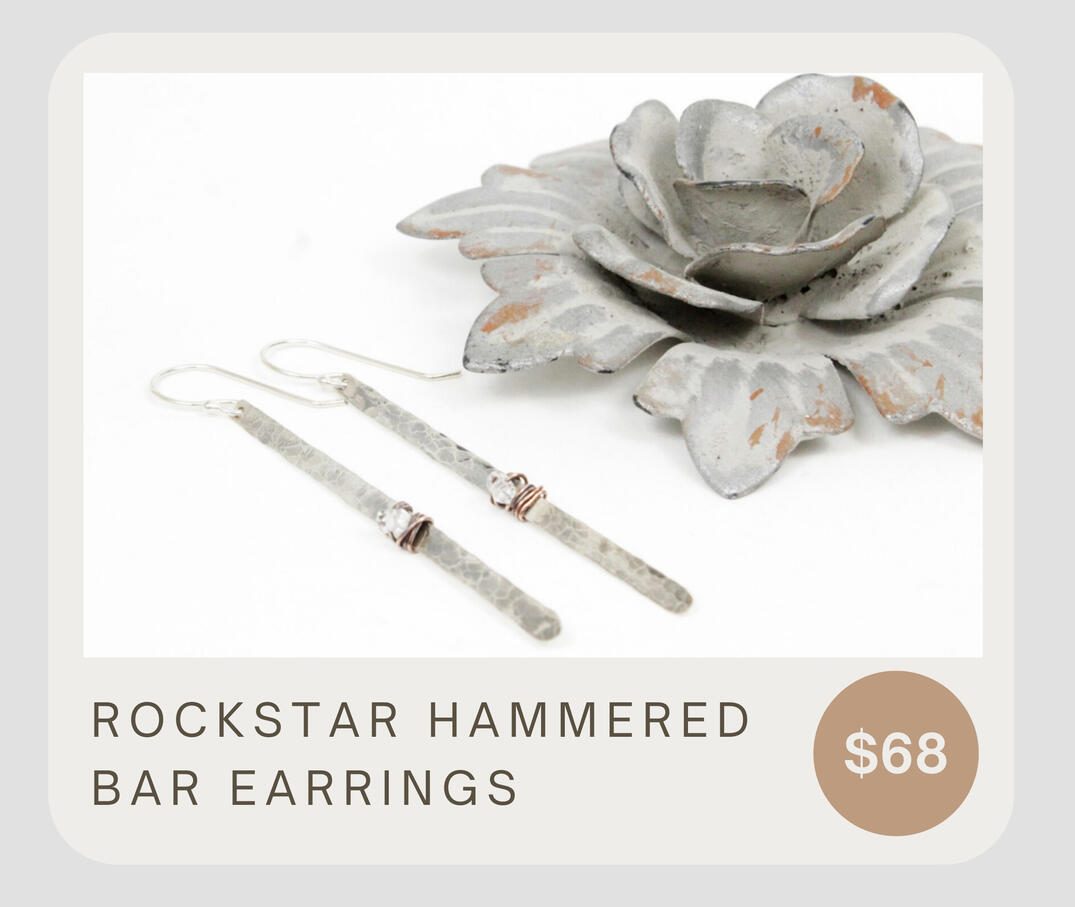 Handmade, rustic and funky! These gorgeous lightweight dangle earrings will compliment many outfits and catch the eye. Pictured above is the 3" dangle length from top of ear wire to the bottom of the bar.