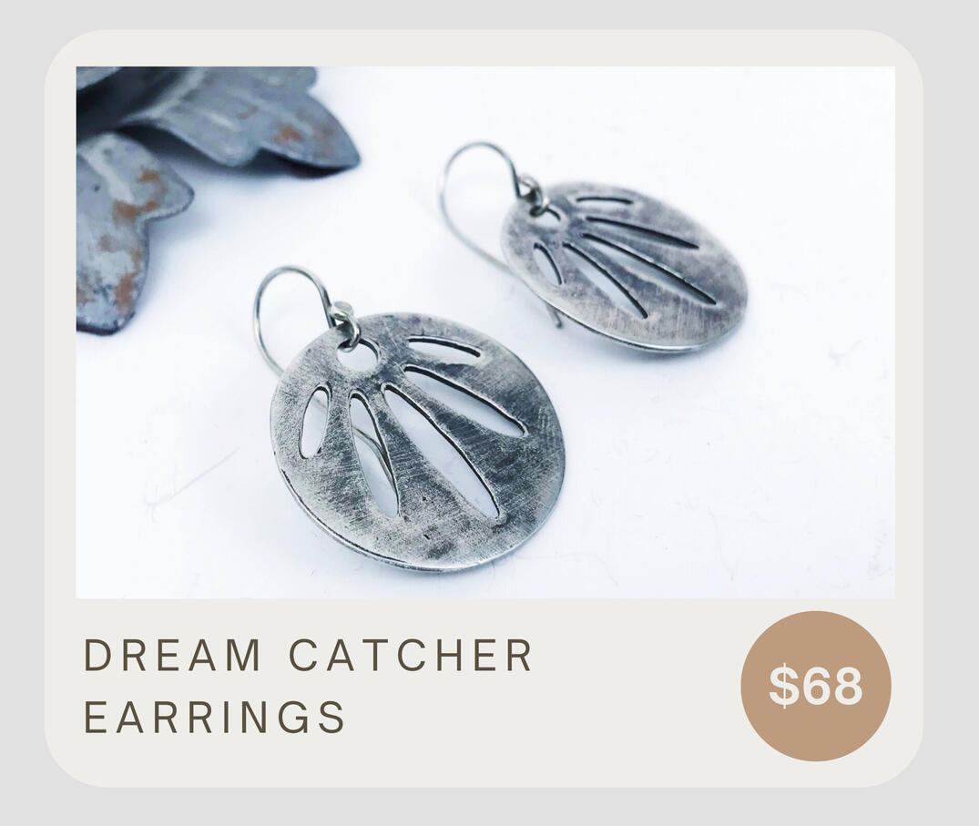 Dream catcher earrings, oxidized with a rustic finish to bring out the beauty of fine silver and design details. These dangle about 1 1/2 inches and have fine silver dangles about 1 inch in diameter with sterling silver ear wires. Great for all occasions!