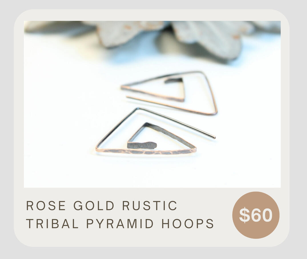 These tribal earrings are hammered, shaped, tumbled, and polished. These lightweight earrings made in 14k rose gold filled, 14k gold filled, or 925 sterling silver. hoop earrings dangle about 1 inch. Ear wires are standard size- 20 gauge.