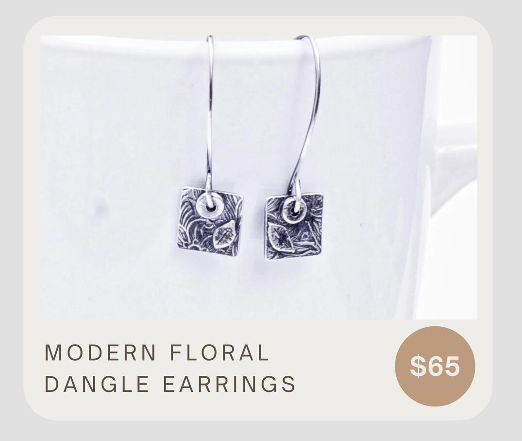 These lightweight rustic square earrings hang from elongated ear wires and are fun to wear while they catch the eye with their movement. Each square charm is formed and stamped by hand using .999 fine silver.