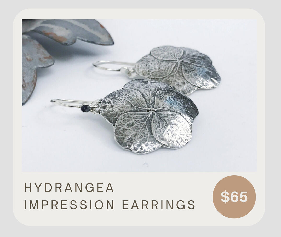 These lightweight botanical earrings were made from a beautiful dainty hydrangea flower found in Oregon. These are 1 1/2 inch from top of ear wire to bottom of earring and flowers are about 1 inch by 1 inch dangles.