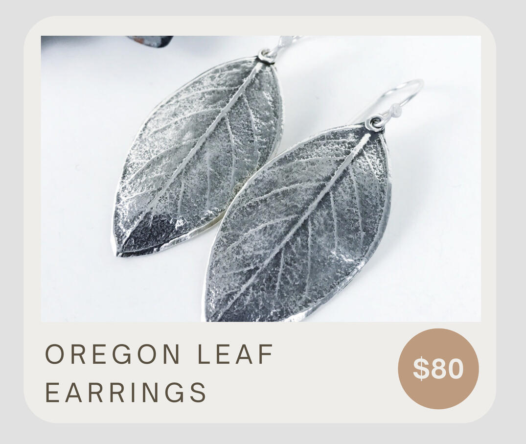 These lightweight artisan leaf earrings were made from beautiful leaves found in Oregon. Unique, made from nature, made from recycled fine silver with handcrafted sterling silver ear wires. about 2 1/8 inch from top of ear wire to bottom of earring.