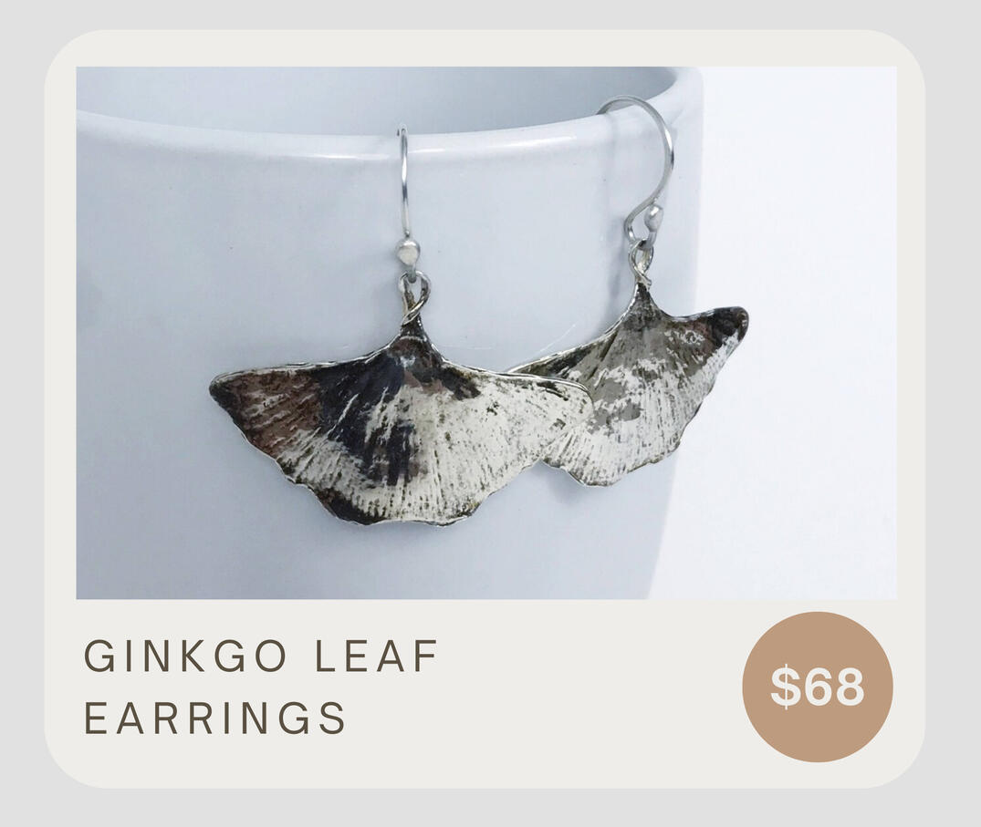 These lightweight botanical earrings were made from beautiful dainty Ginkgo tree leaves found in Oregon. Unique, made from nature, made from recycled fine silver with handcrafted sterling silver ear wires. These are about 1 1/2 inches from top of ear wire.