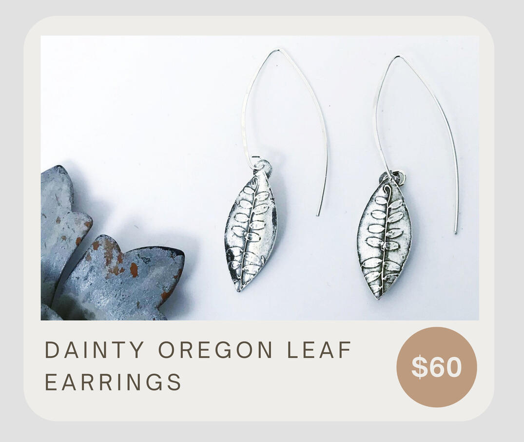 These lightweight artisan leaf earrings were made from beautiful dainty flora found in Oregon. Unique, made from nature and from recycled fine silver with handcrafted sterling silver ear wires. About 2 1/4 inches from top of ear wire to bottom of earrings.