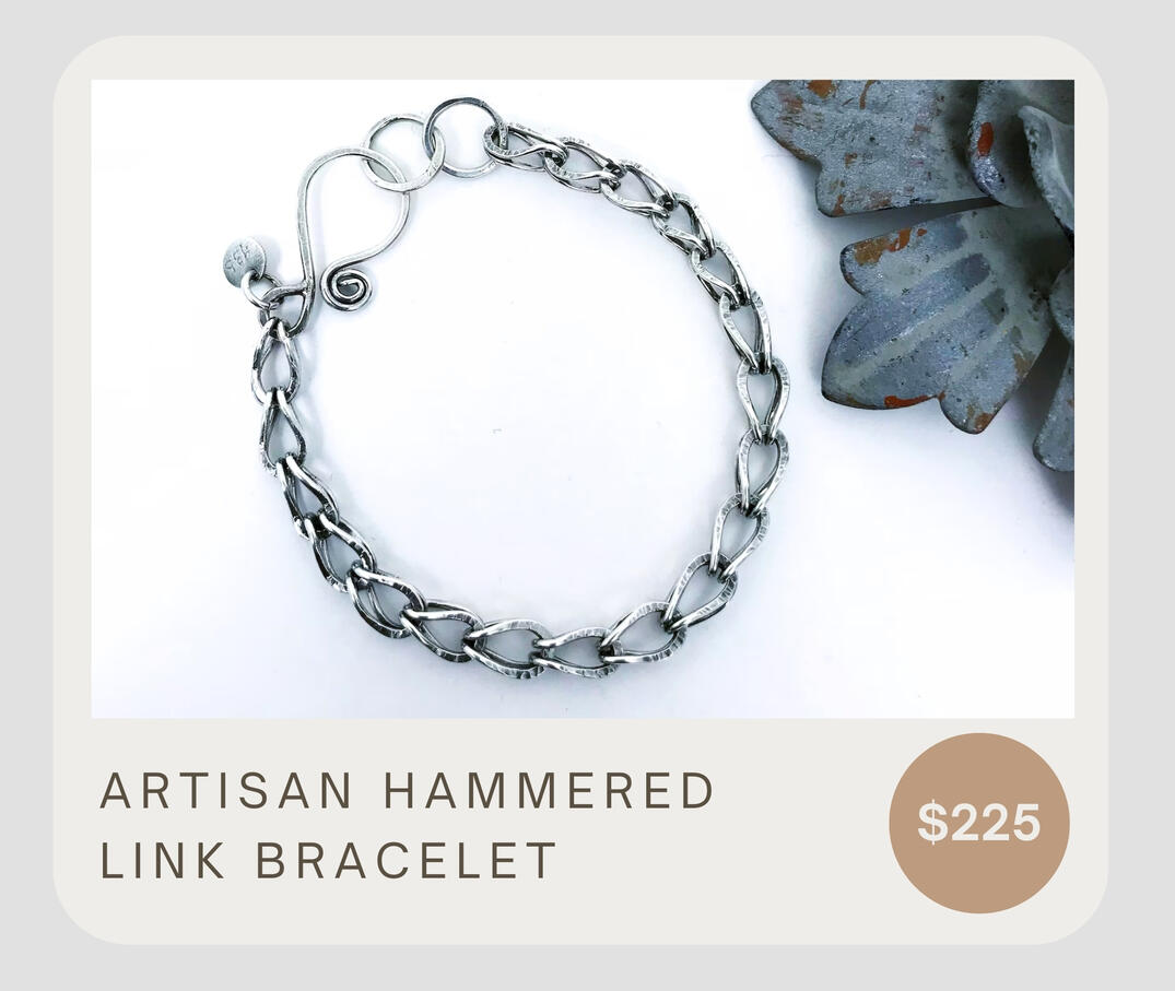 This fabricated bracelet offers Argentium sterling silver with hammered chain, links, and a strong attractive handcrafted hook clasp. Each link started as raw metal. Then I fused, shaped, and hammered each link for strength and character.
