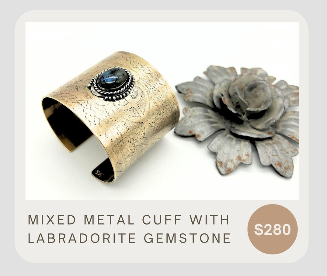 This jeweler's brass cuff bracelet has a beautiful texture infused into the cuff. This cuff was sanded and shaped and a bezel setting was built for the gemstone and fabricated in many steps. Handcrafted twisted wire and granulation was added to the setting
