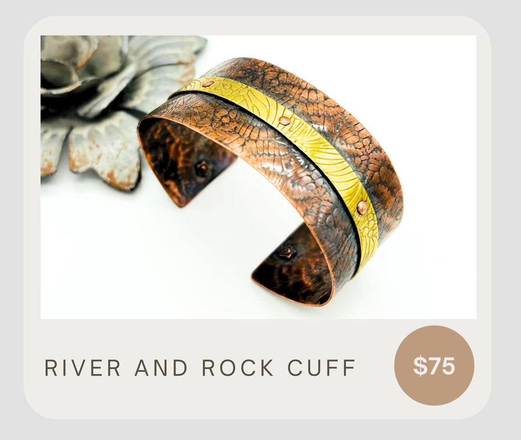 This unique cuff is handcrafted, with an adjustable fit, using quality copper and brass with copper rivets. The roller printed design features a unique pattern of river and rock motifs, giving an elegant finish.