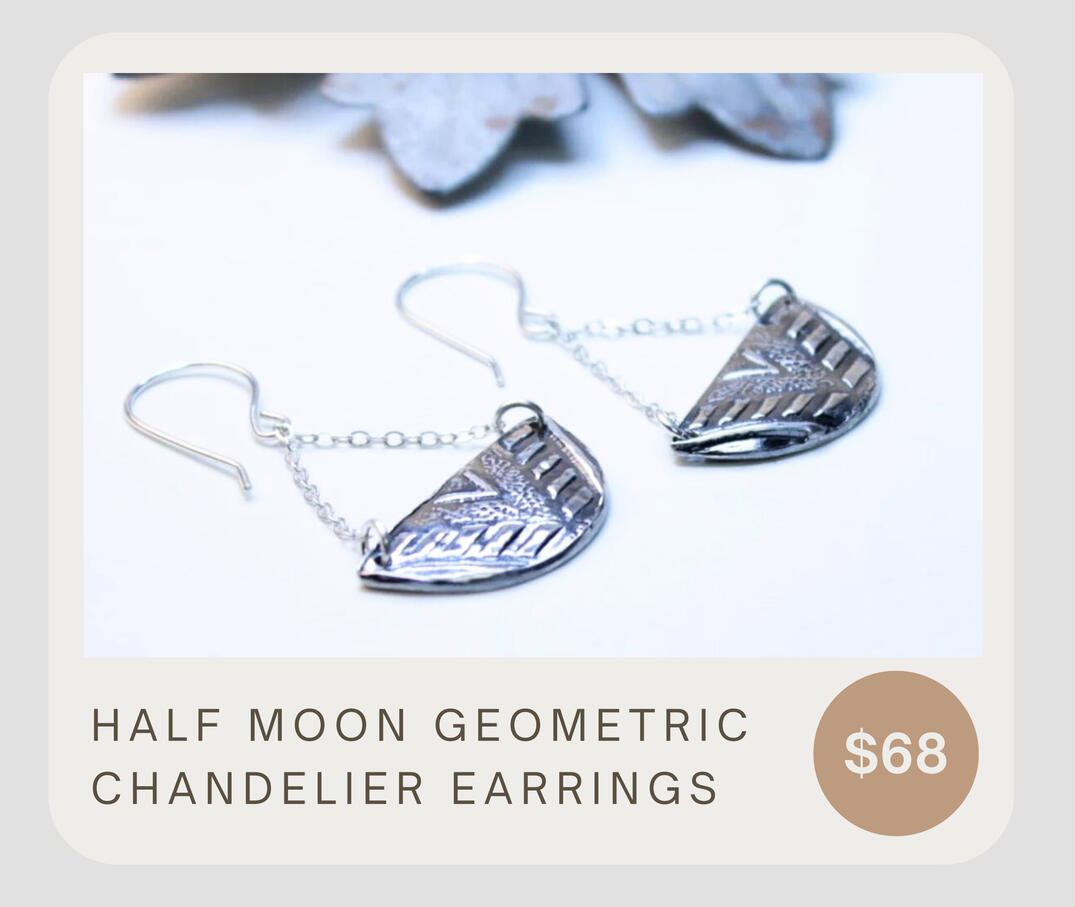 These rustic handmade fine silver lemon slice earrings have a geometric pattern on the front and textured lines on the back. A modern geometric tribal feel. These dangle about an 1 7/8 inches and the half moon discs measure about 1 1/8 by 1/2 inches.