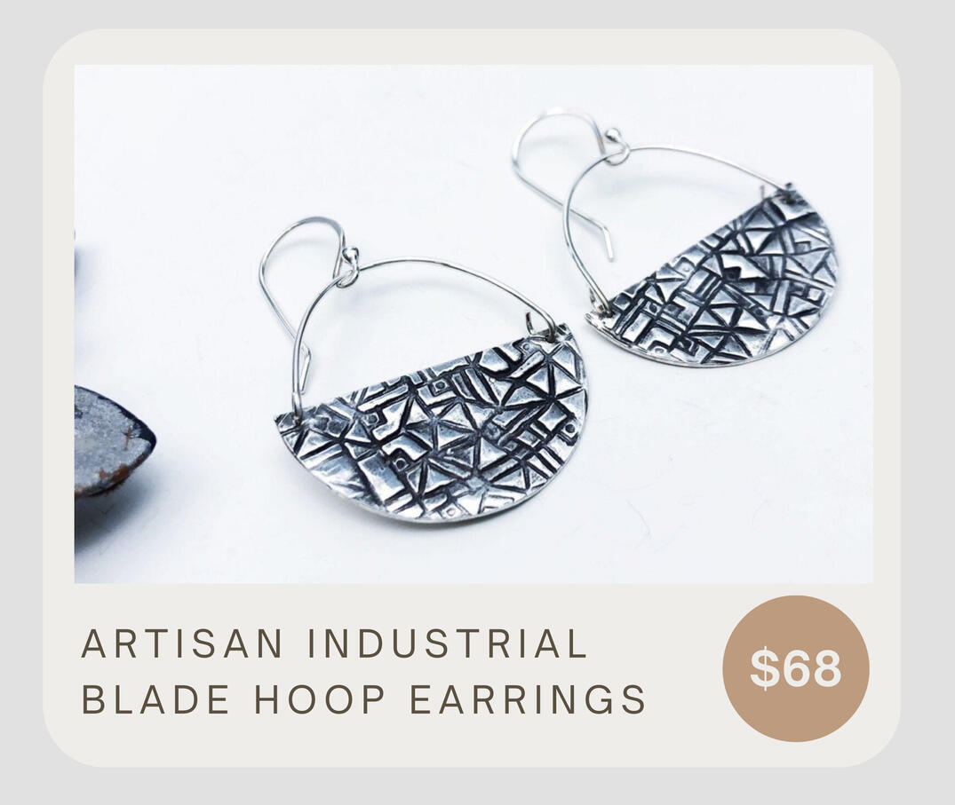 These handmade semicircle polygon hoops were made from recycled .999 fine silver with handcrafted .925 sterling silver ear wires. The rustic semicircle dangles are about 1 2/8 inch by 5/8 inch at the widest sections.