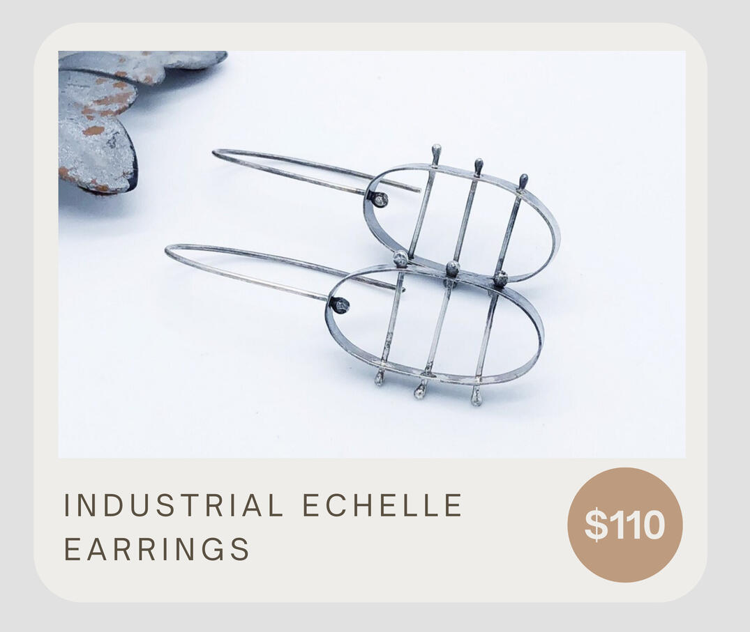 Riveted oval hoops! A different take on my original Loft hoops. These are made with sterling silver and argentium. Lightweight earrings that dangle 2 1/8 inches. These are cut, sanded, soldered, riveted, oxidized, tumbled, and polished.