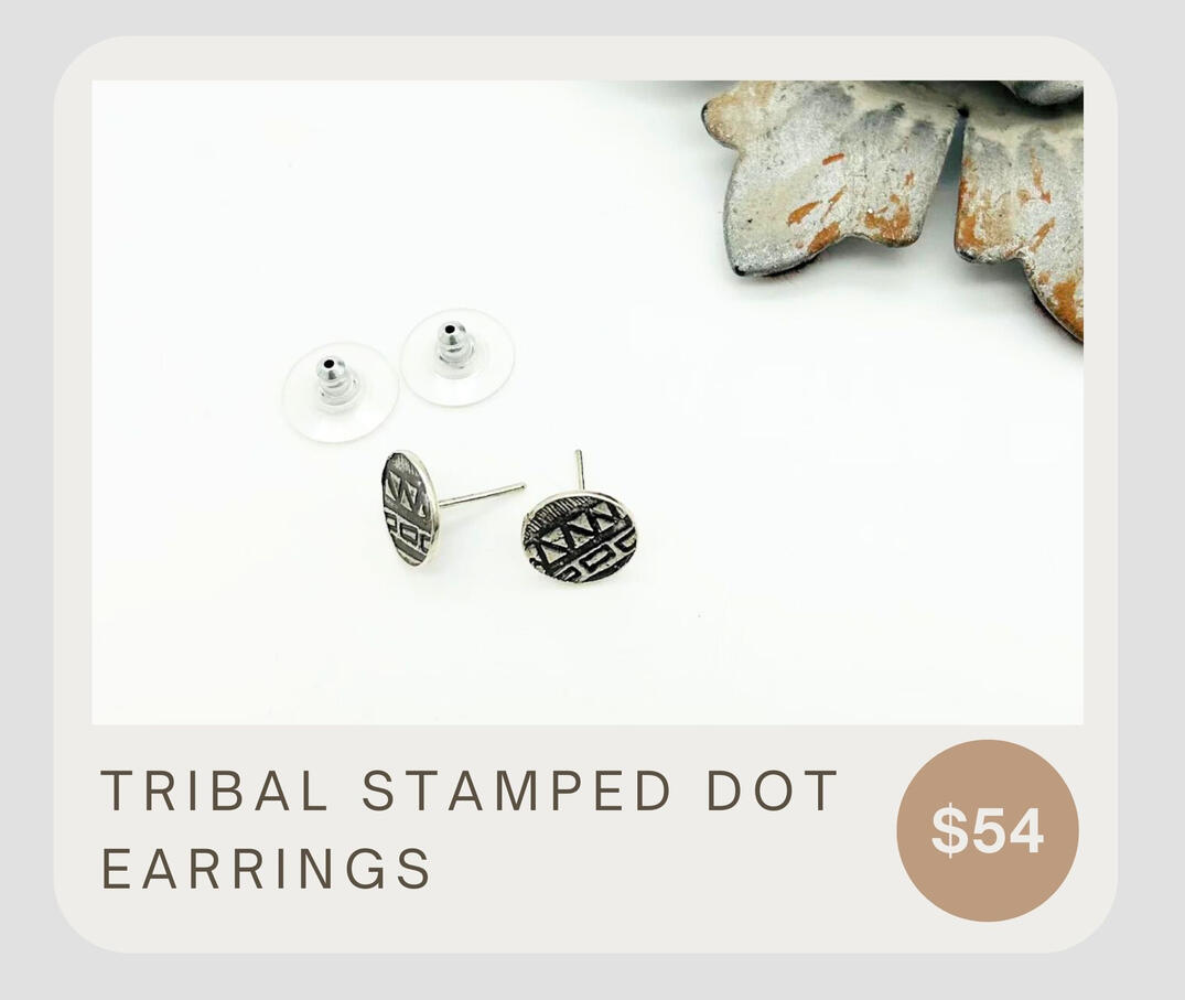 Tribal Stamped Dot Earrings feature faux gauge sterling silver circles with delicate tribal print design. Crafted from high-quality materials, these earrings are lightweight and comfortable for everyday wear.