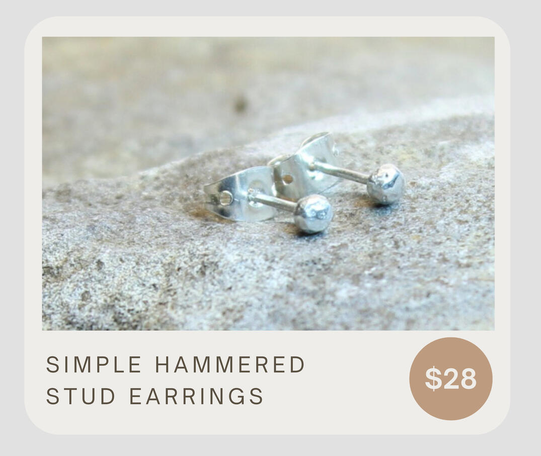 Sweet and simple hammered and faceted handmade 925 stud earrings. These are handmade post earrings featuring 3 mm faceted ball studs and about 3/8 inch post ear wires. They have an organic rustic geometric flare to their shape.