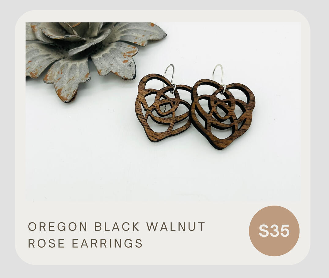 These are beautiful earrings made from locally sourced Oregon Black Walnut. They are lightweight, yet sturdy and give a natural vibe. The beautiful wood grain and classic rose inspired design will make you feel sophisticated and trendy!